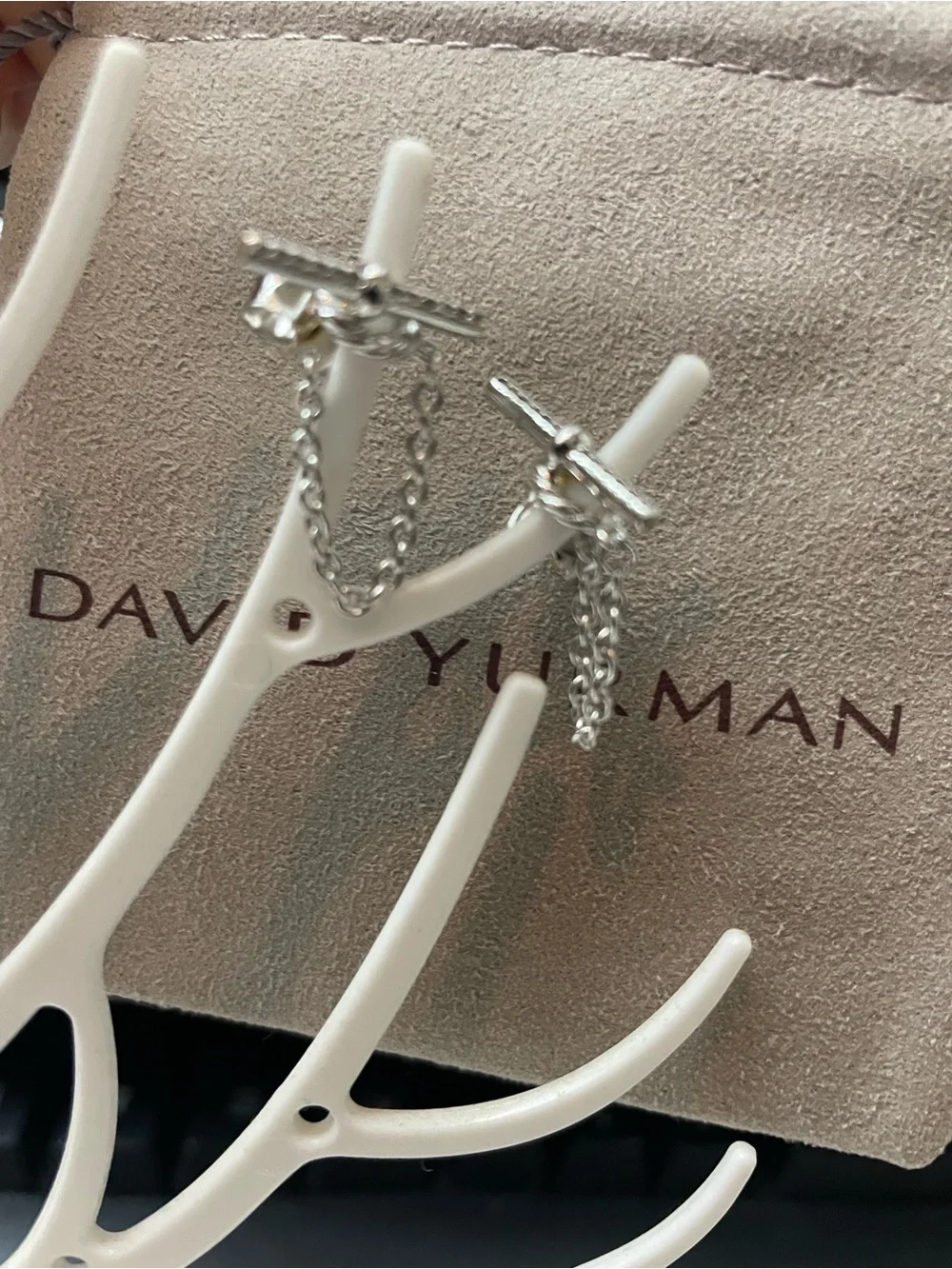 David Yurman Silver Twisted Cable Drop Chain Earrings with Pave Bars